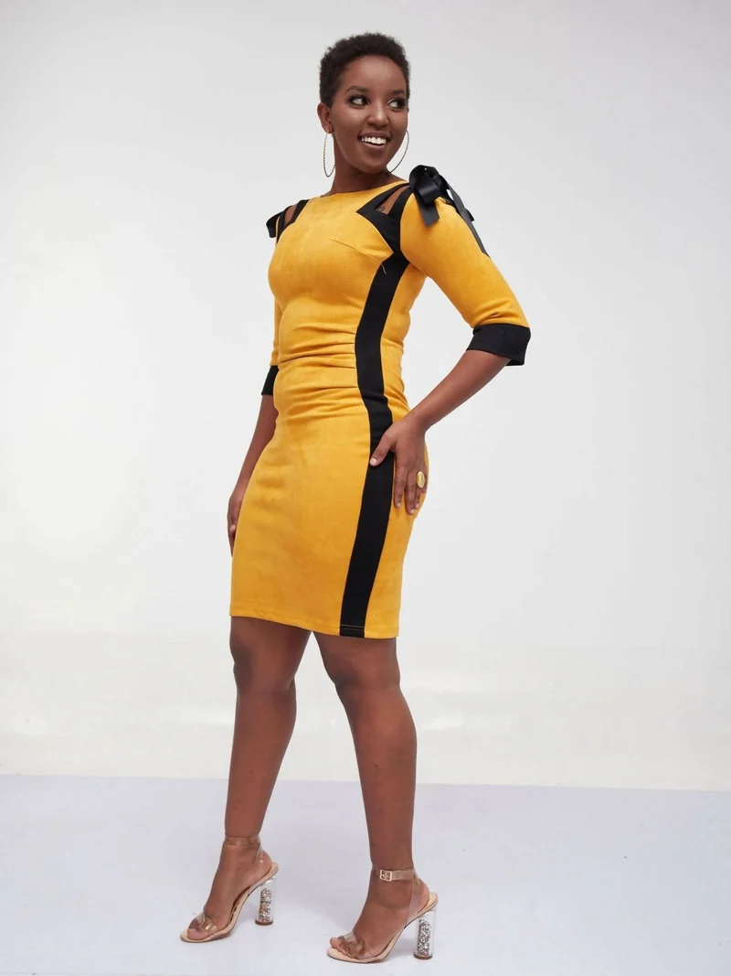 Velvet Yellow Bodycon Office Dress - Yellow