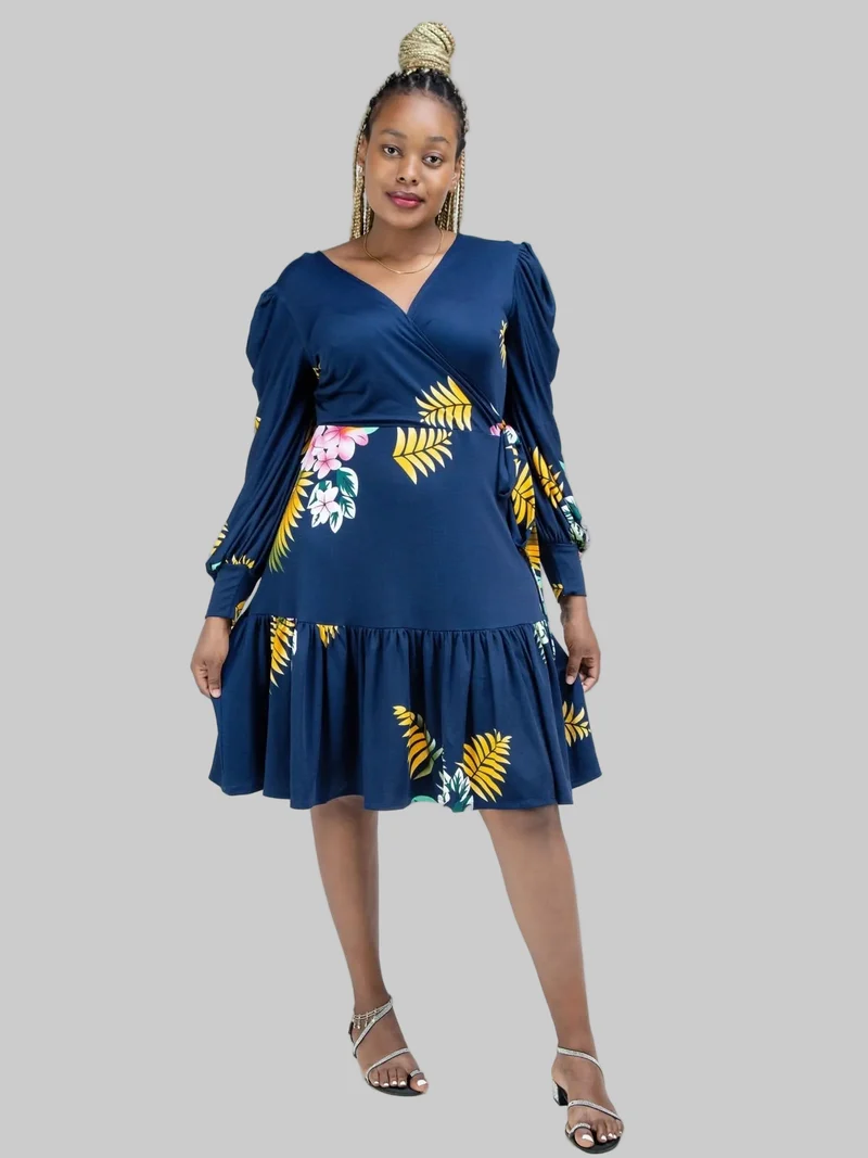 Phyls Collections Naila Faux Wrap Knee Length Dress - Navy Blue Floral