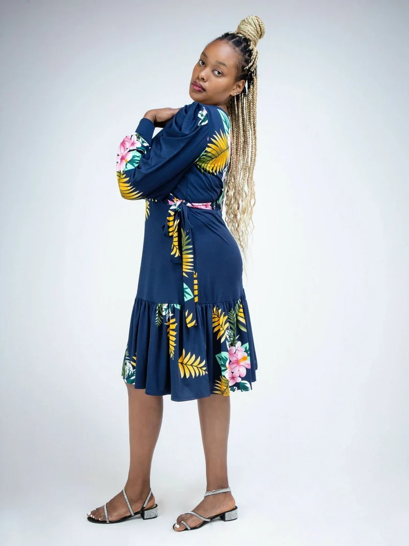 Phyls Collections Naila Faux Wrap Knee Length Dress - Navy Blue Floral