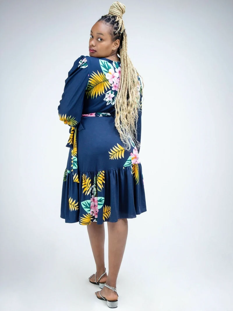 Phyls Collections Naila Faux Wrap Knee Length Dress - Navy Blue Floral