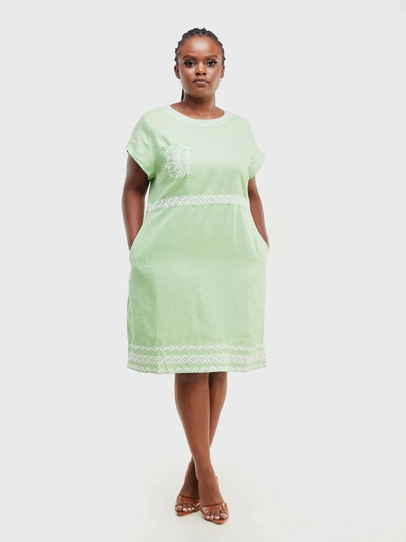 Valuespot Linen Blend Dress with Embroidery - Green