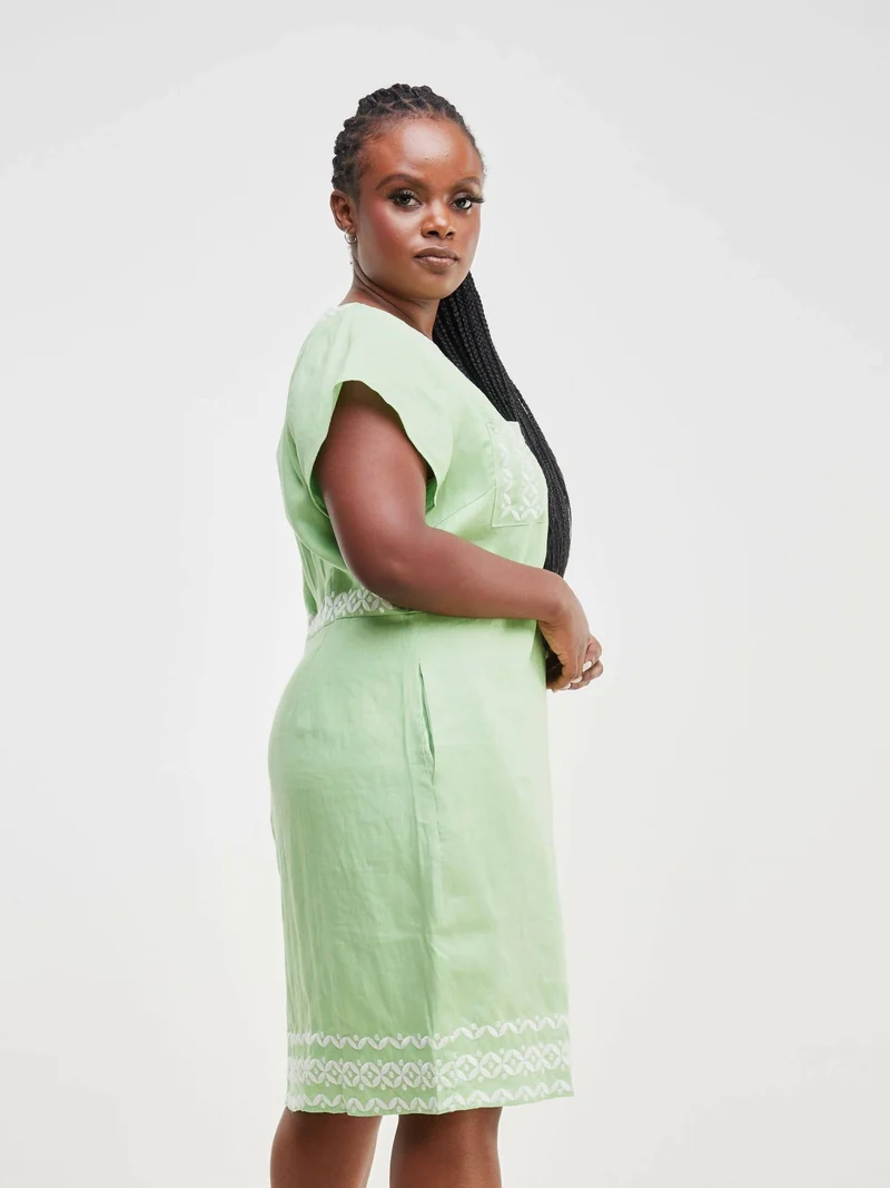 Valuespot Linen Blend Dress with Embroidery - Green