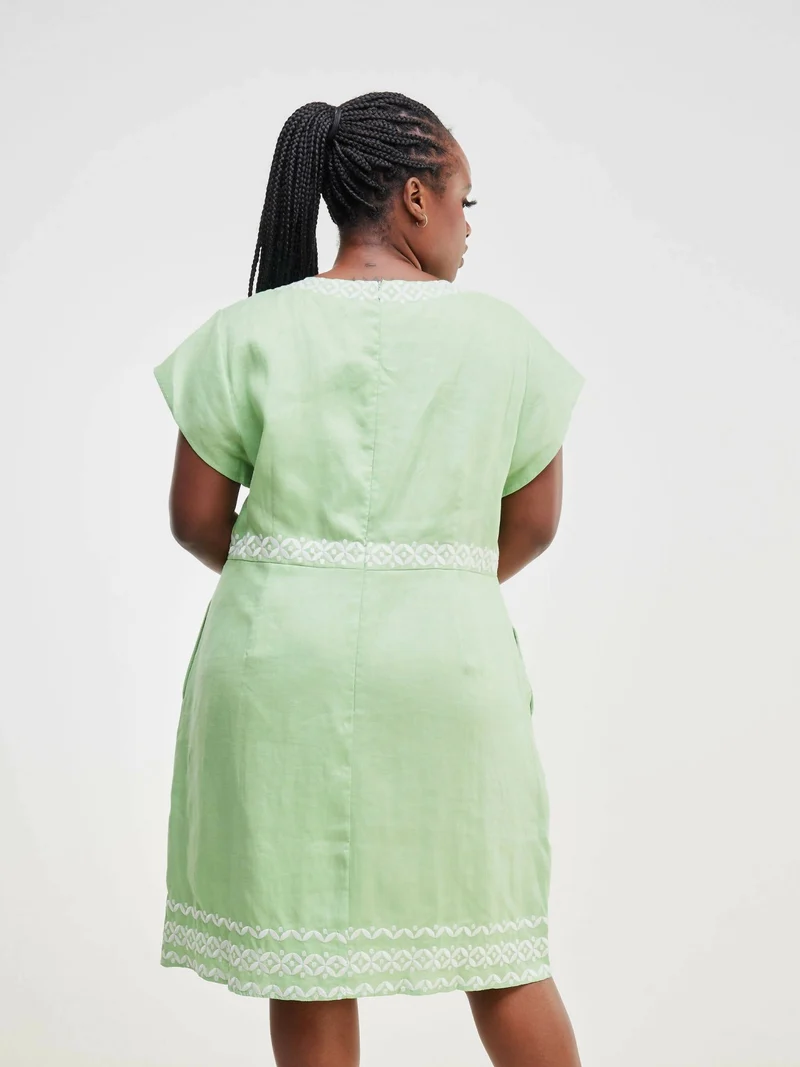 Valuespot Linen Blend Dress with Embroidery - Green