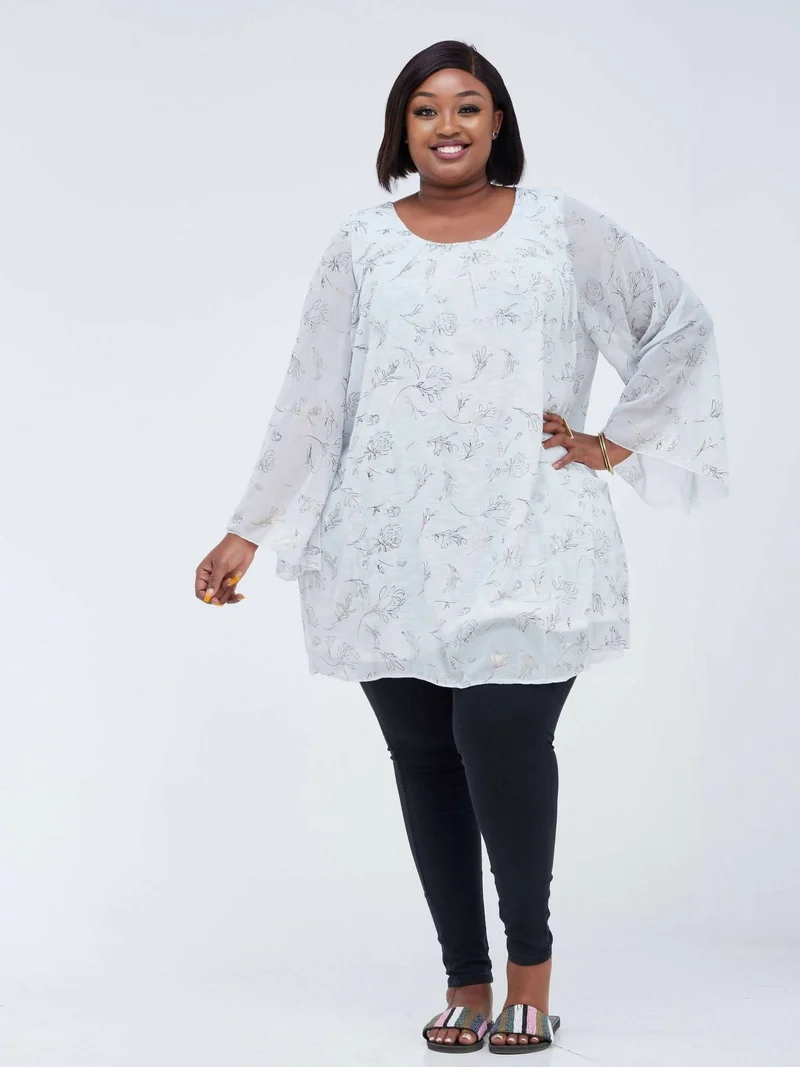 Lamazi Collections Floral Chiffon Top - White / Gold Print
