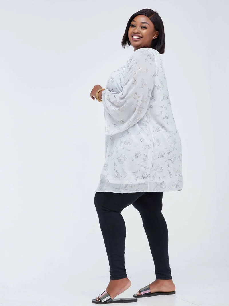 Lamazi Collections Floral Chiffon Top - White / Gold Print