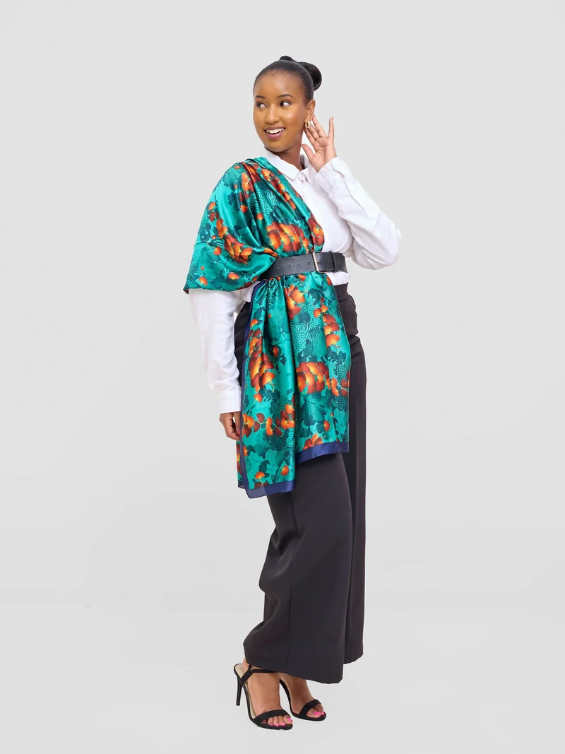 Ukiyo Lifestyle Silk Scarf - Teal Green Print