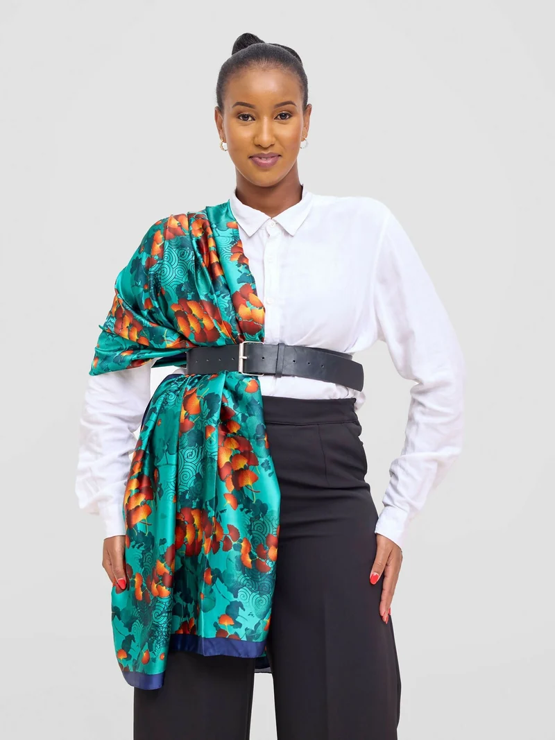 Ukiyo Lifestyle Silk Scarf - Teal Green Print