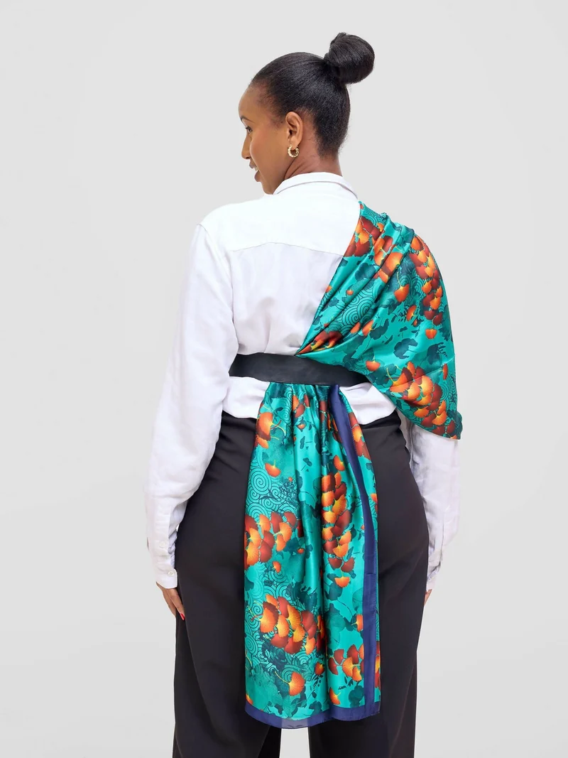 Ukiyo Lifestyle Silk Scarf - Teal Green Print