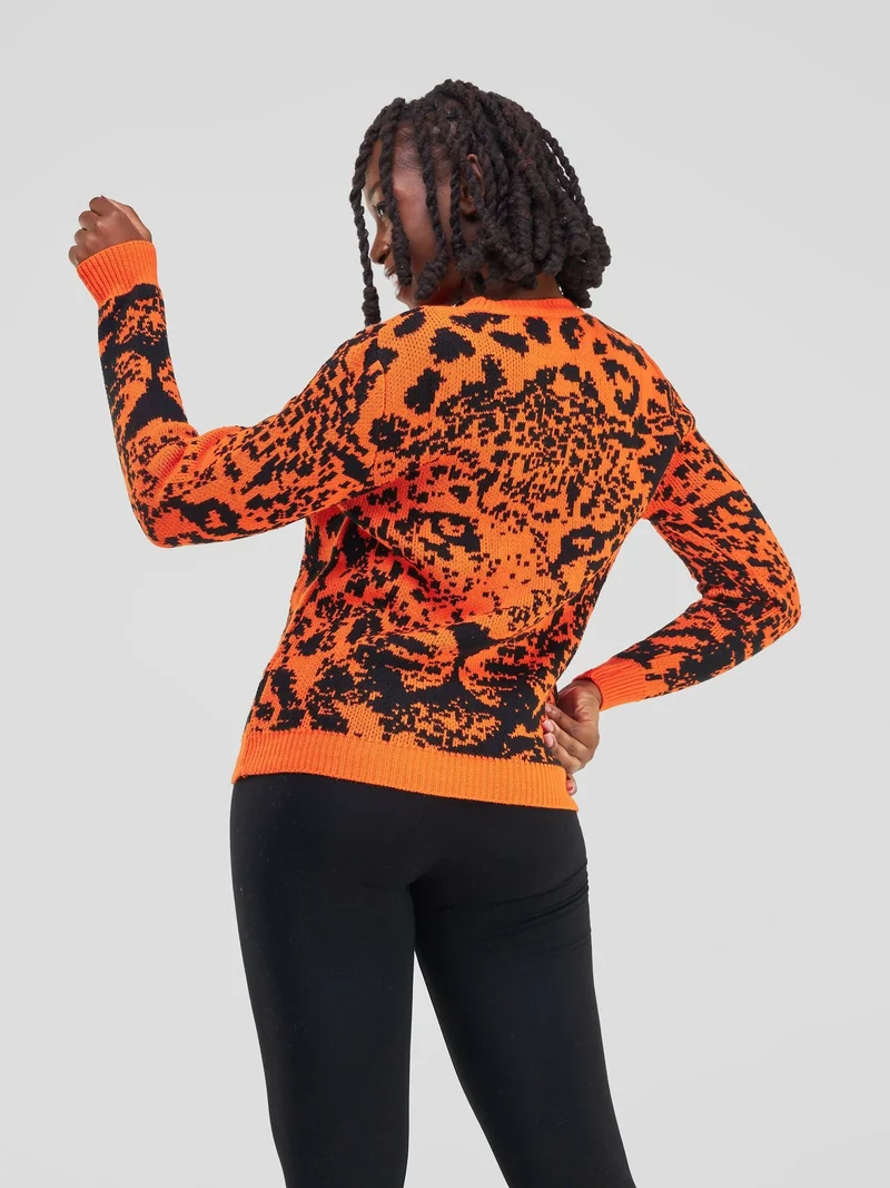 Fancy Warm Lion Image Print Sweater - Orange / Black