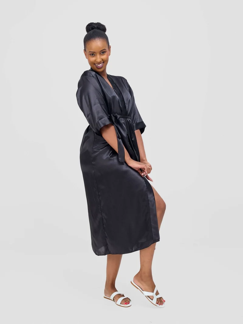 Iristyle Satin Long Robe - Black