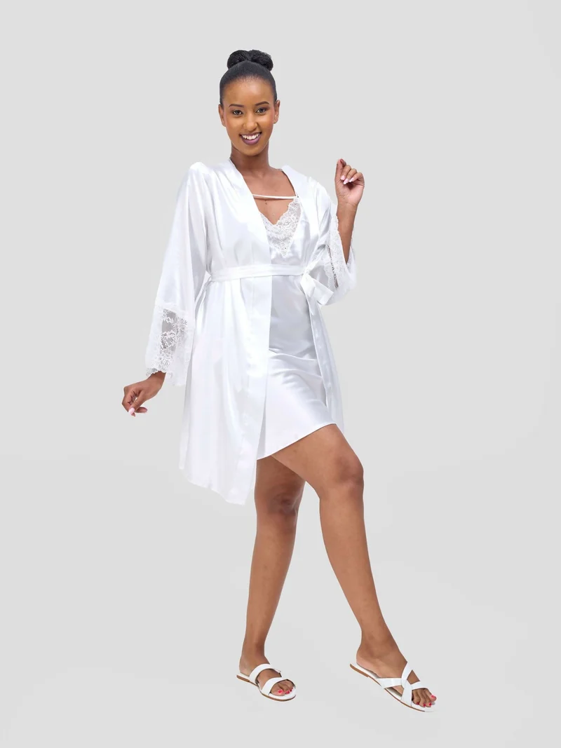 Iristyle Satin Short Robe And Gown Set - White