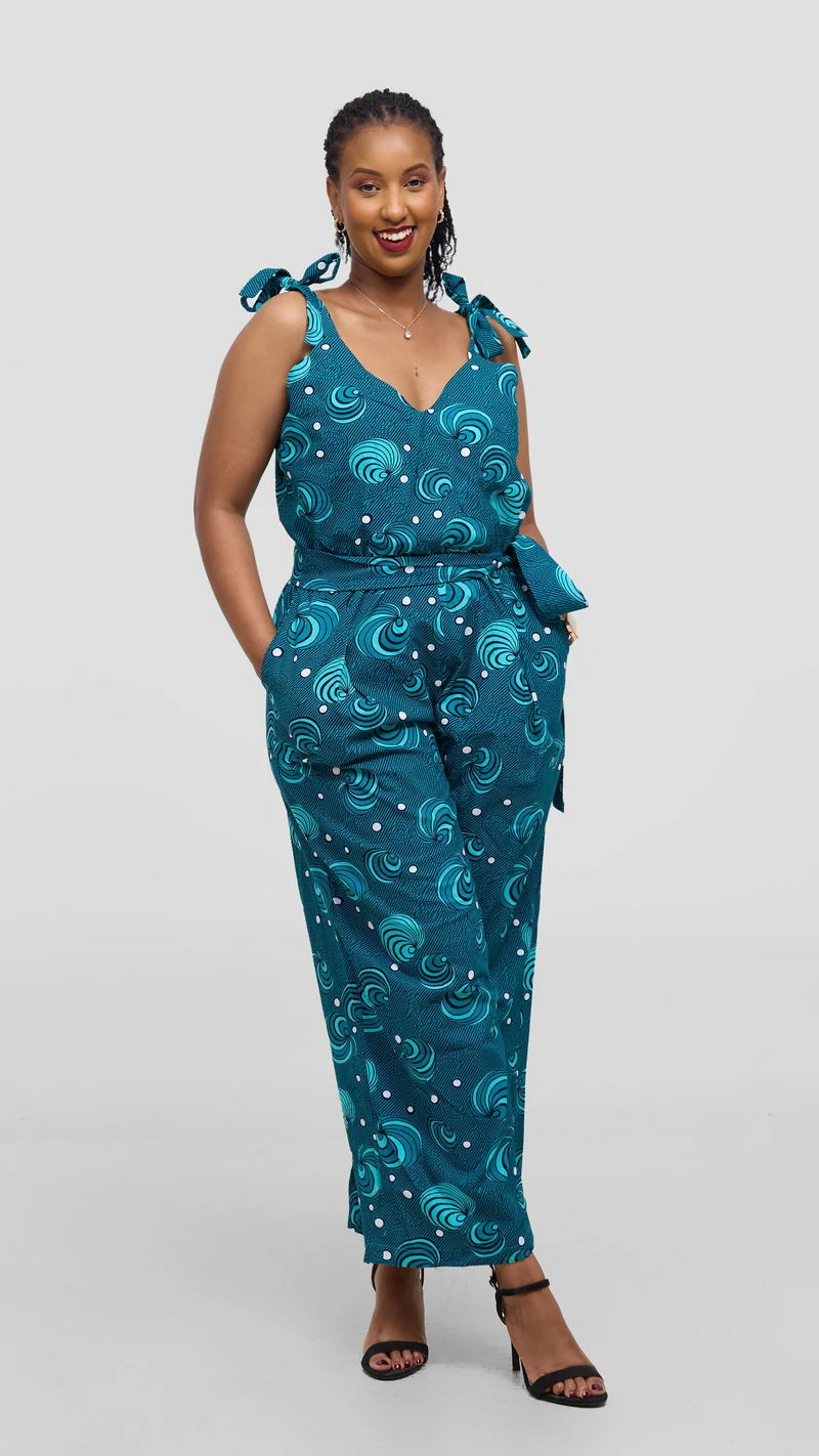 Naburi Ankara Palazzo Jumpsuit - Green / Blue Print
