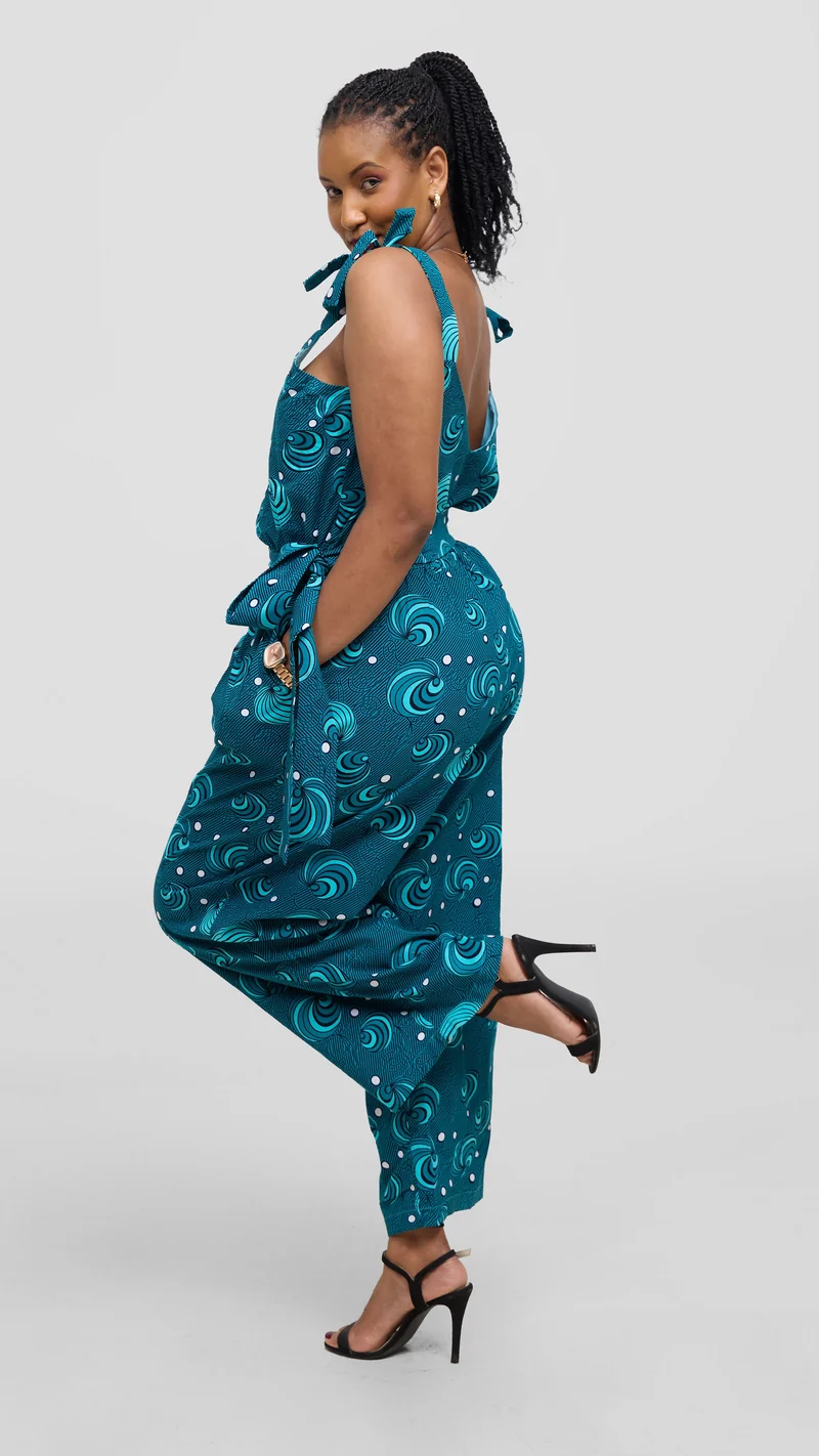 Naburi Ankara Palazzo Jumpsuit - Green / Blue Print
