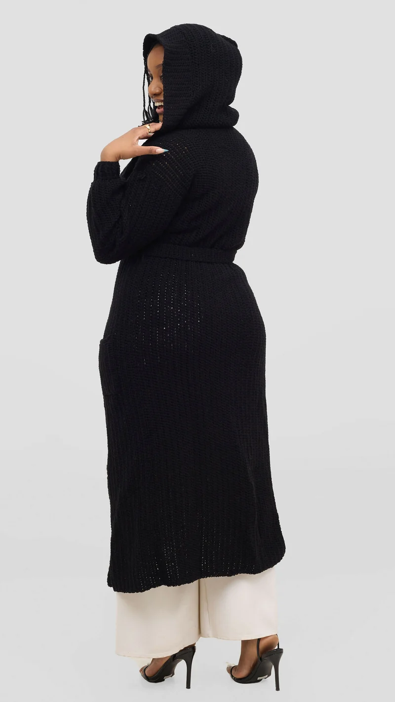 Timyt Urban Wear Curvy Plus Size Friendly Hooded Belted Cardigan Sweater â€“ Black