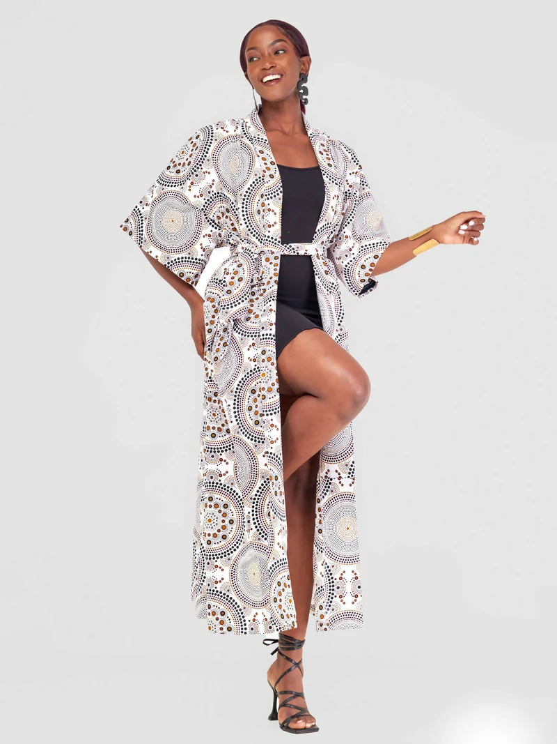 Simbaress Kanga Long Kimono - White / Black / Brown