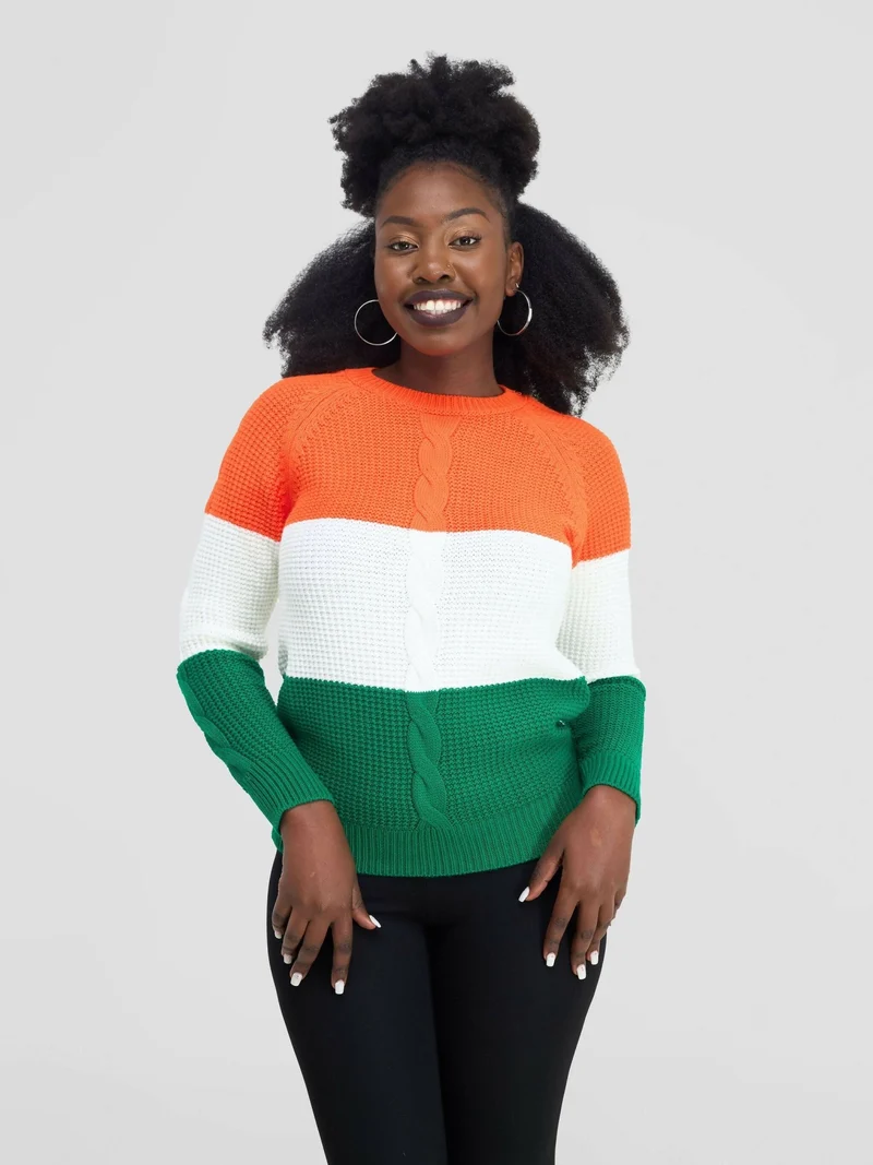 Stylish Sisters Fancy Sweater Top - Orange / White / Green