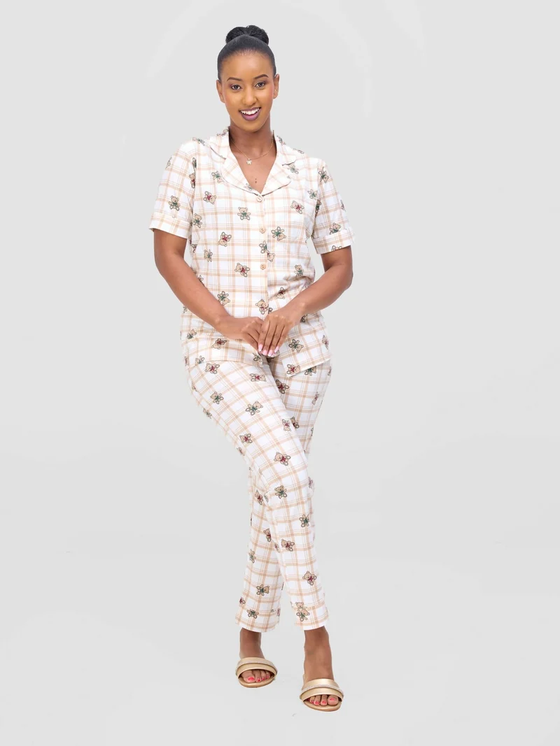 Iristyle Cotton Pyjamas Pant Set - White / Brown