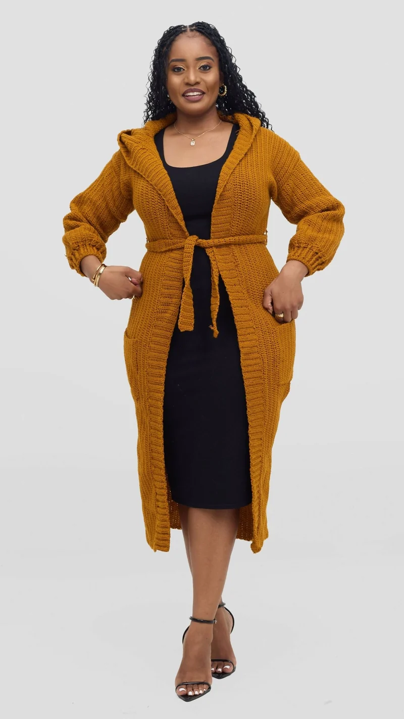 Timyt Urban Wear Friendly Hooded Cardigan With Belt - Mustard