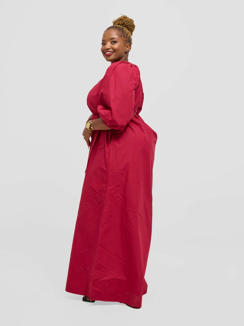 Eyane Africa Upeo Puff Sleeve Dress - Maroon