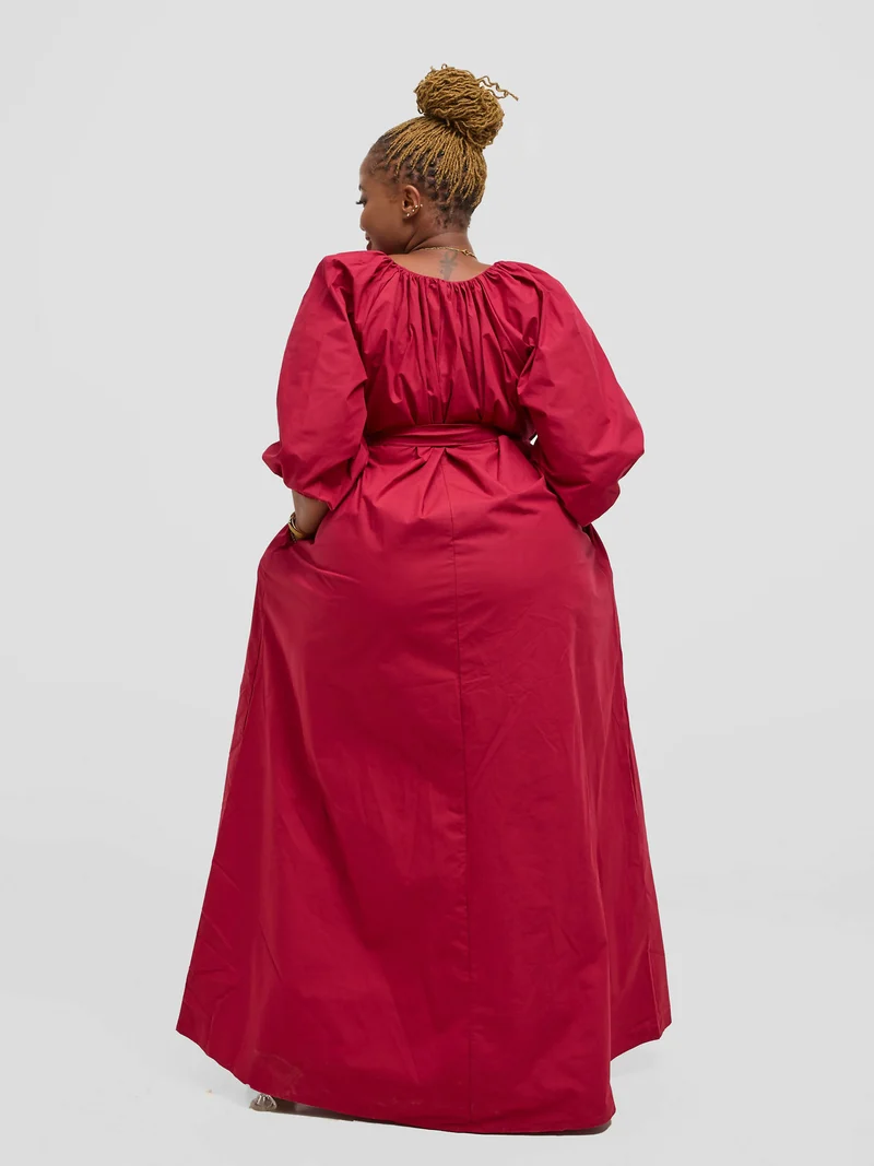 Eyane Africa Upeo Puff Sleeve Dress - Maroon