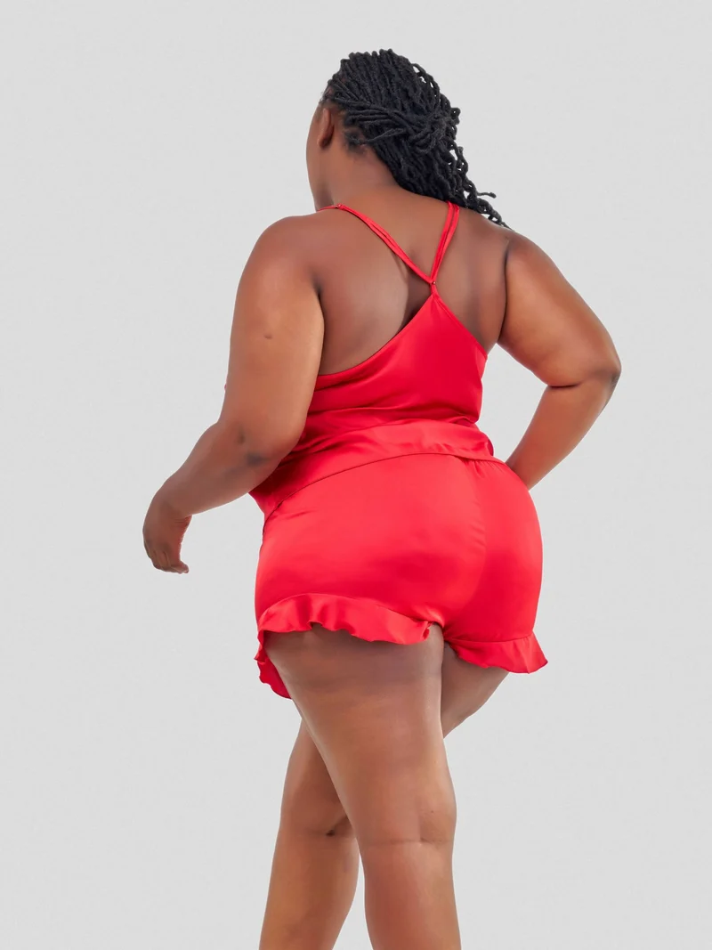 Intimates Kenya Camisole Satin Chiffon Sleepwear with Ruffle Short Pants - Red