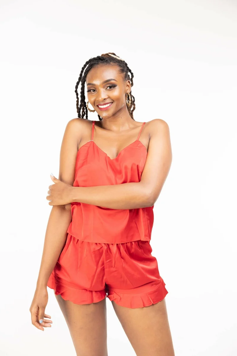 Intimates Kenya Camisole Satin Chiffon Sleepwear with Ruffle Short Pants - Red