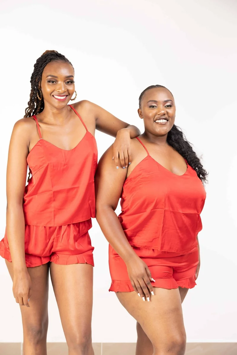 Intimates Kenya Camisole Satin Chiffon Sleepwear with Ruffle Short Pants - Red