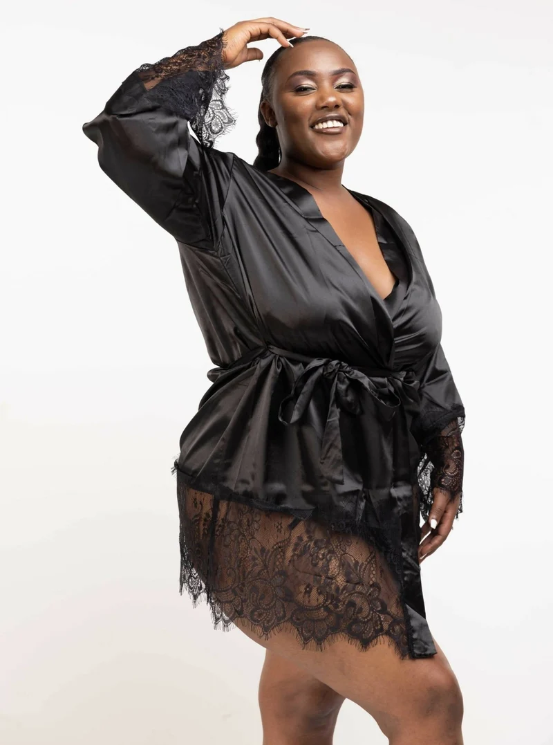 Intimates Kenya Eyelash Lace Night Silk Long Sleeves Sleepwear with G String - Black
