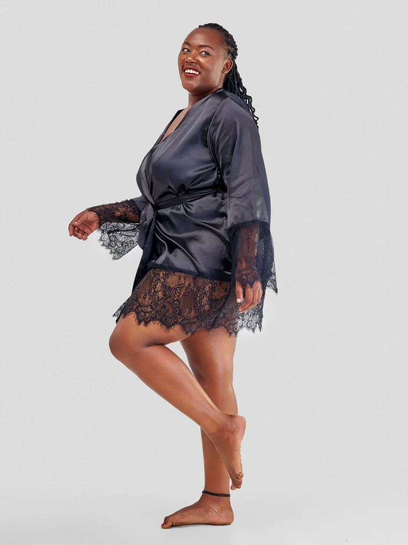 Intimates Kenya Eyelash Lace Night Silk Long Sleeves Sleepwear with G String - Black