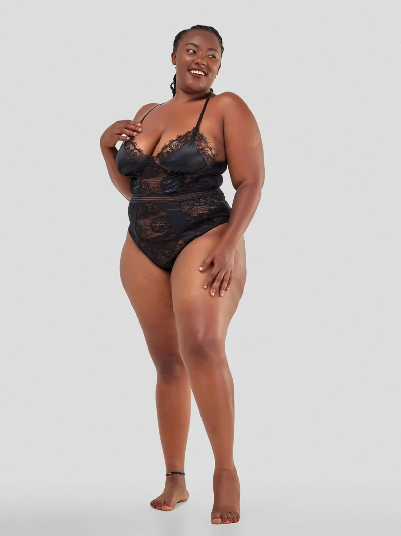 Intimates Kenya High Quality Eyelash Lace Splice Sexy Bodysuit - Black