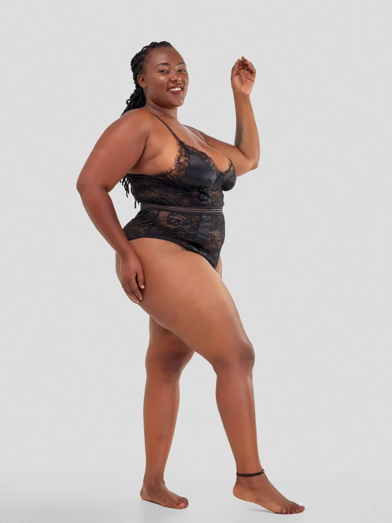 Intimates Kenya High Quality Eyelash Lace Splice Sexy Bodysuit - Black