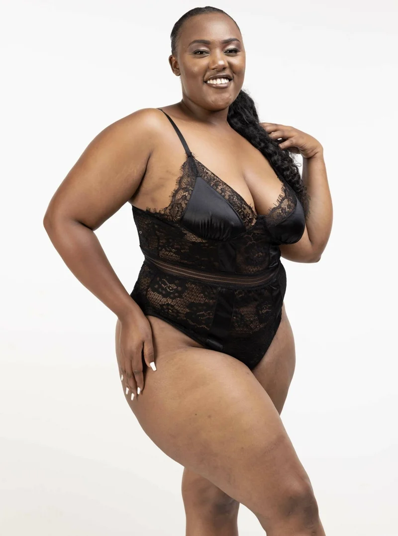 Intimates Kenya High Quality Eyelash Lace Splice Sexy Bodysuit - Black