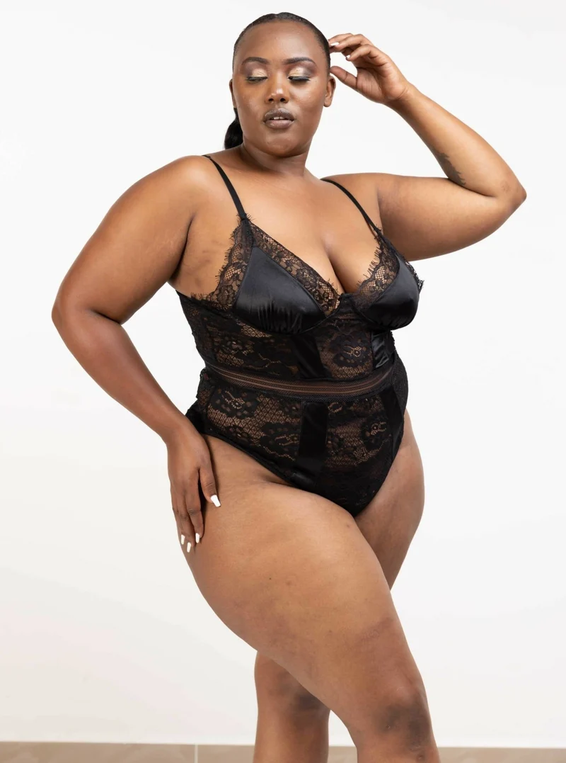 Intimates Kenya High Quality Eyelash Lace Splice Sexy Bodysuit - Black
