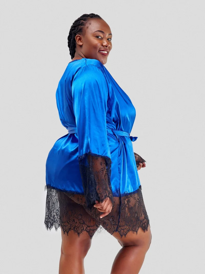 Intimates Kenya Eyelash Lace Night Silk Long Sleeves Sleepwear with G String - Blue