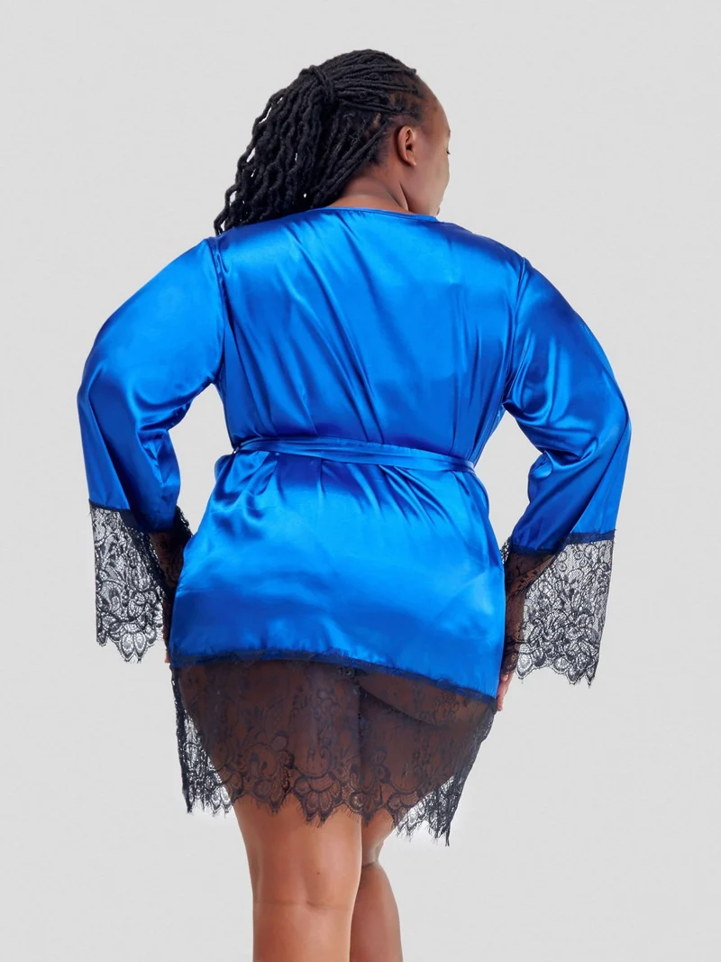 Intimates Kenya Eyelash Lace Night Silk Long Sleeves Sleepwear with G String - Blue