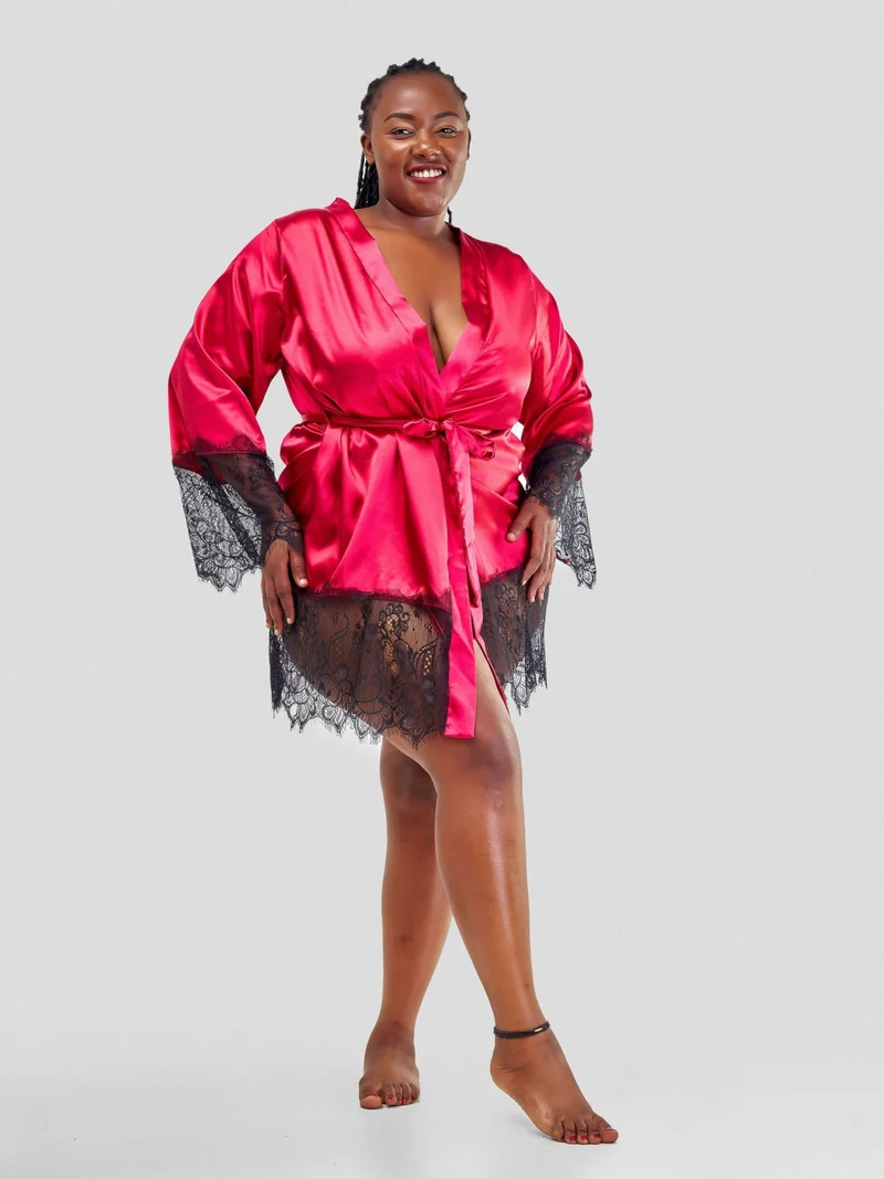 Intimates Kenya Eyelash Lace Night Silk Long Sleeves Sleepwear with G String - Red
