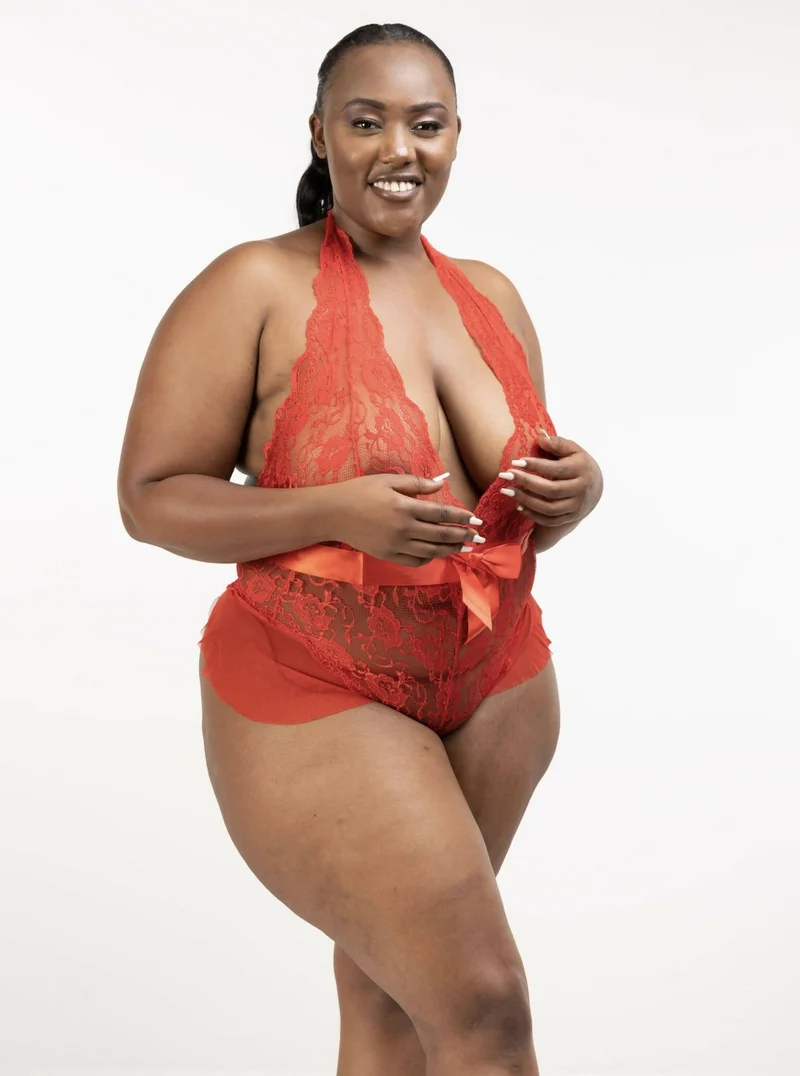 Intimates Kenya Ruffle Plus Size Teddy With The Belt Sexy Halter V Neckline Lingerie - Red