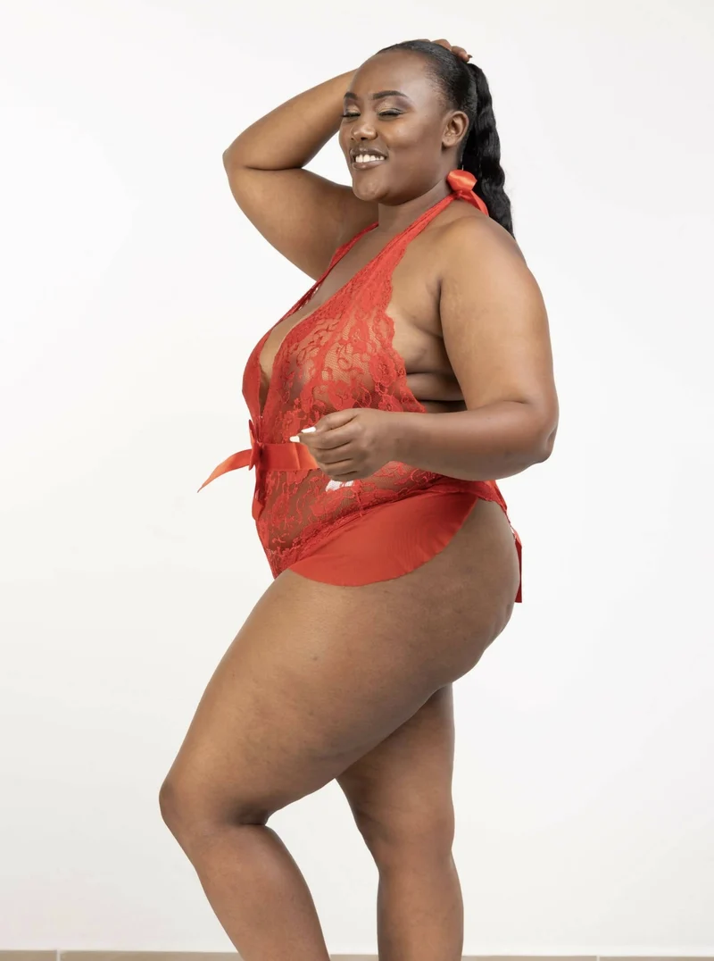 Intimates Kenya Ruffle Plus Size Teddy With The Belt Sexy Halter V Neckline Lingerie - Red
