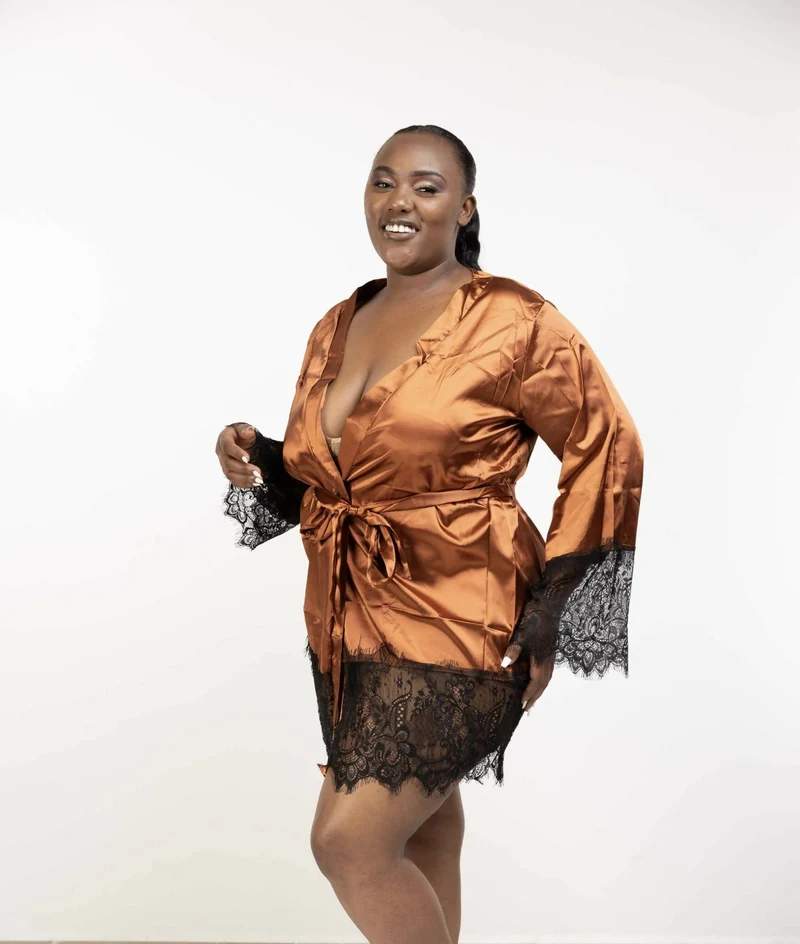 Intimates Kenya Eyelash Lace Night Silk Long Sleeves Sleepwear with G String - Brown