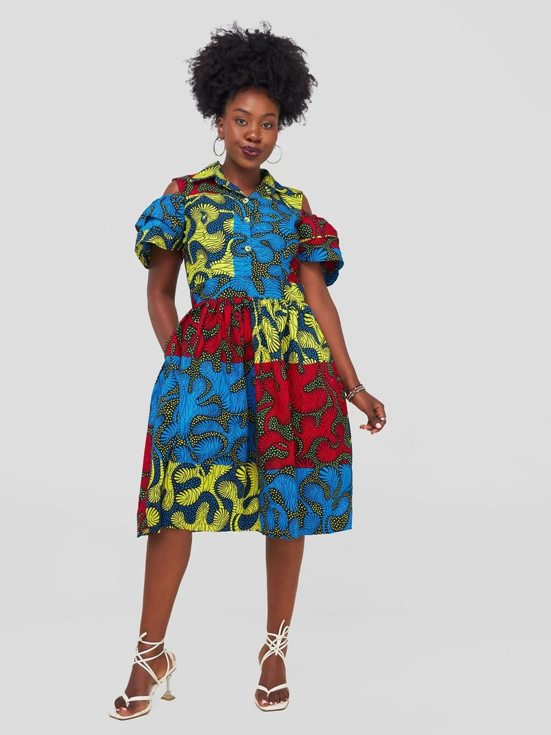 Button Top Skater Dress - Multicolored