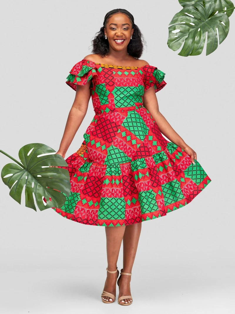 Gravio Fashion Tryna Skater Dress - Red / Green