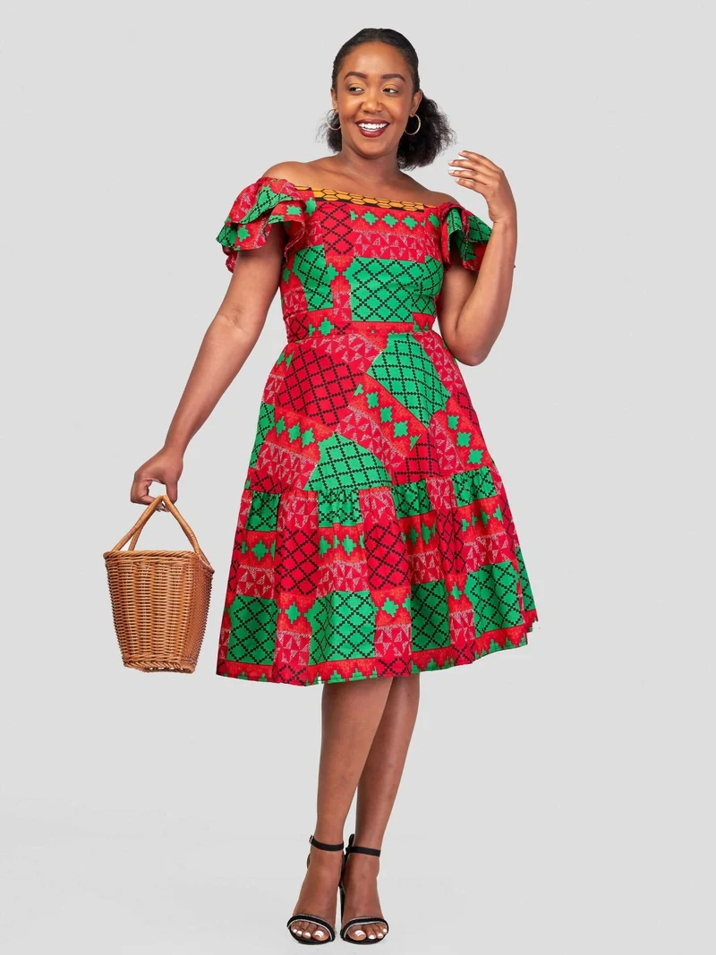 Gravio Fashion Tryna Skater Dress - Red / Green