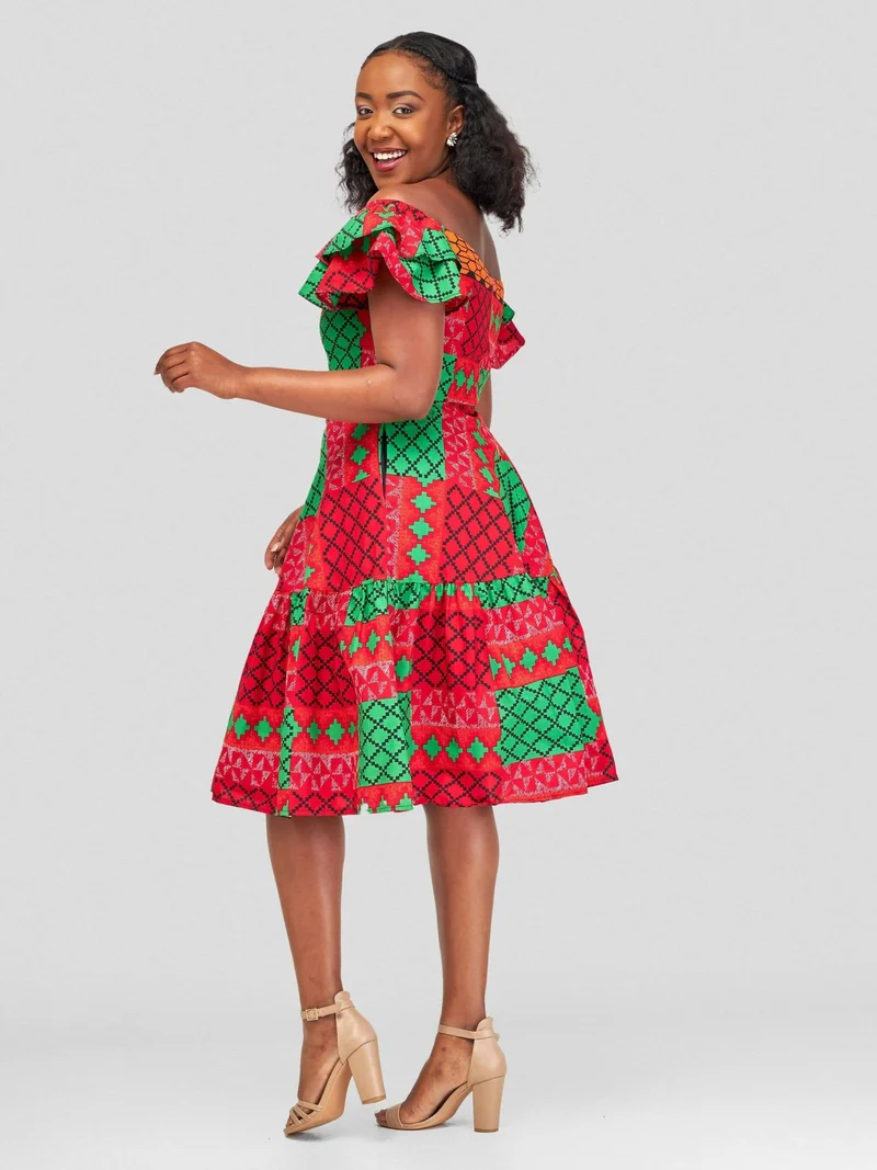 Gravio Fashion Tryna Skater Dress - Red / Green