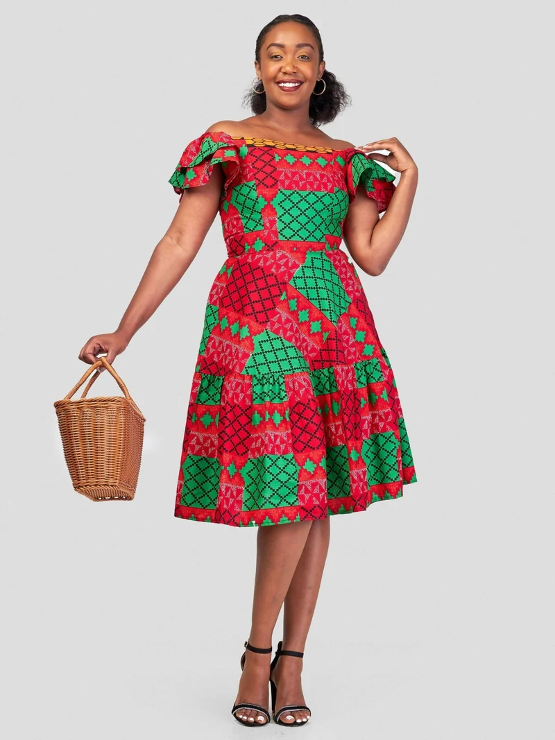 Gravio Fashion Tryna Skater Dress - Red / Green