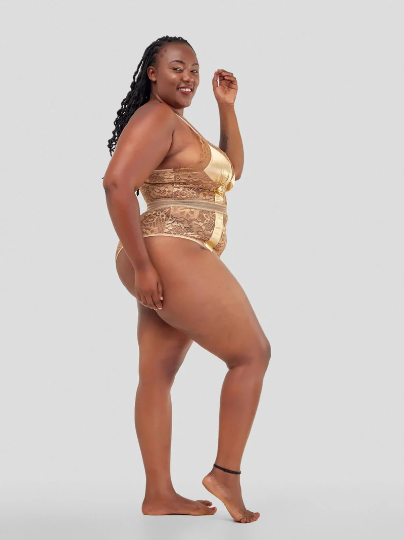 Intimates Kenya High Quality Eyelash Lace Splice Sexy Bodysuit - Beige