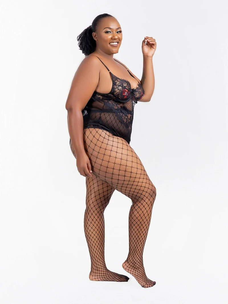 Intimates Kenya Chic Kissable Black Sheer Mesh Backless Bodysuit With Underwire and Fishnets - Black