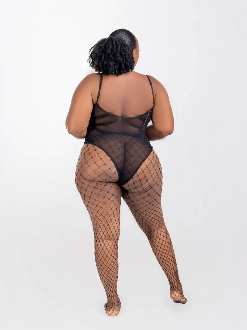 Intimates Kenya Chic Kissable Black Sheer Mesh Backless Bodysuit With Underwire and Fishnets - Black