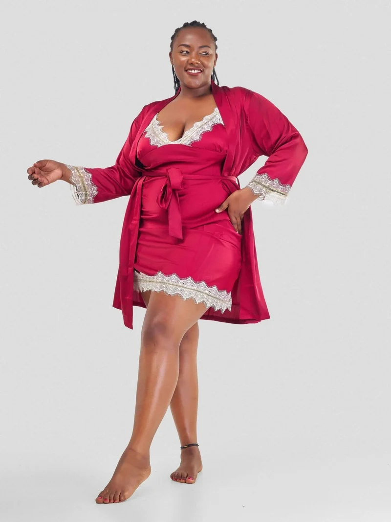 Intimate Kenya Curvy Plus Size Silk Robe and Nightdress- Red