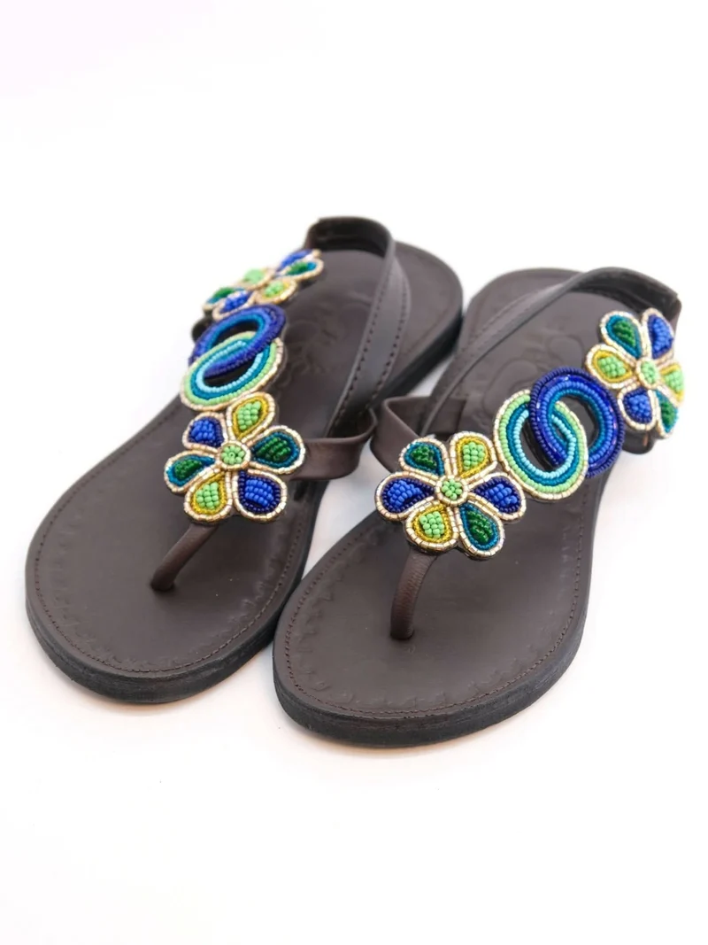 Azu's Beaded Backstrap Sandals - Blues / Green / Gold