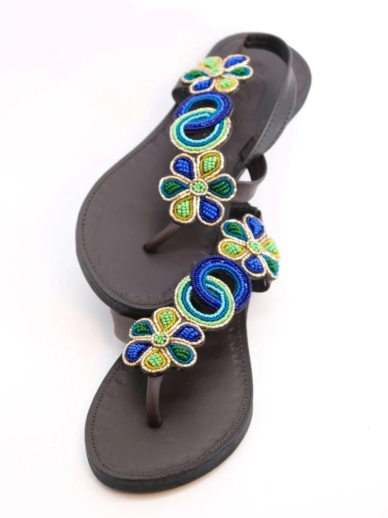 Azu's Beaded Backstrap Sandals - Blues / Green / Gold